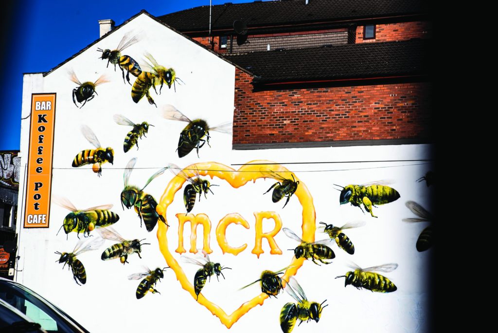 Manchester house with bees and MCR on the side