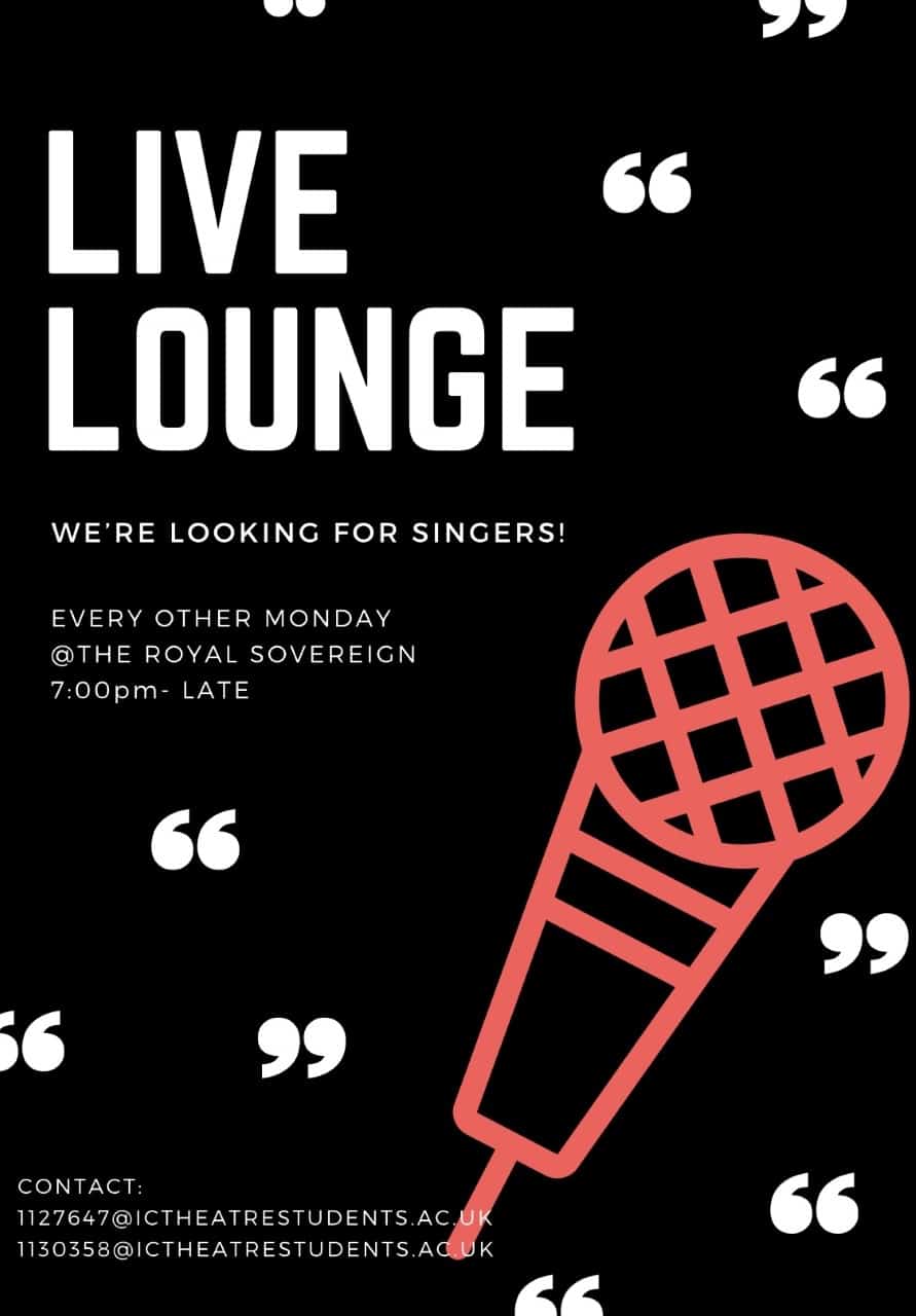 Live Lounge (black ground with red microphone and white quotation marks) Institute for Contemporary Theatre poster